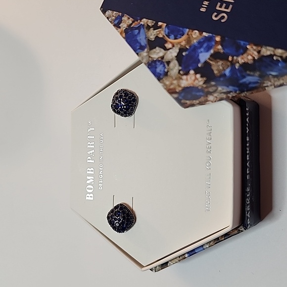 Bomb Party Earrings sapphire Cubic Zirconia Rhodium and hematite plated - Picture 2 of 5